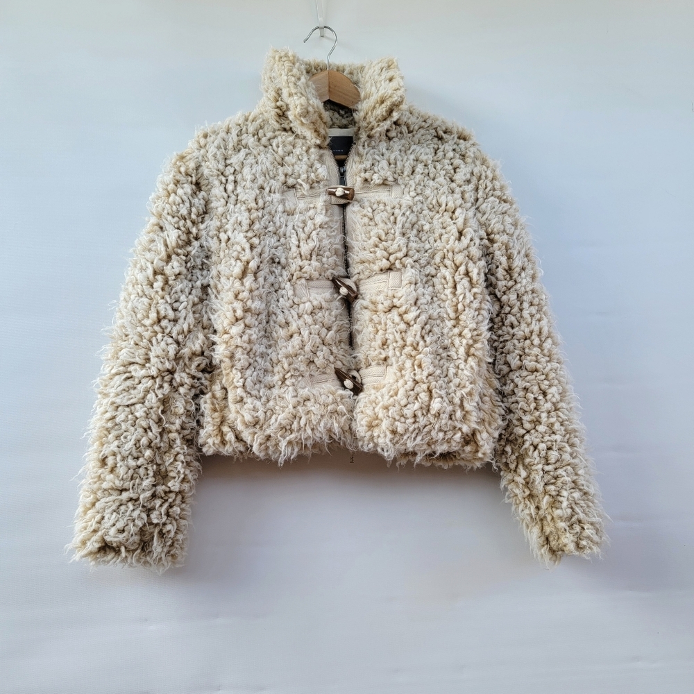 Anthropologie Brenna Shaggy Faux Fur Coat Size Small Boho Toggle Beige Taupe - Picture 10 of 15